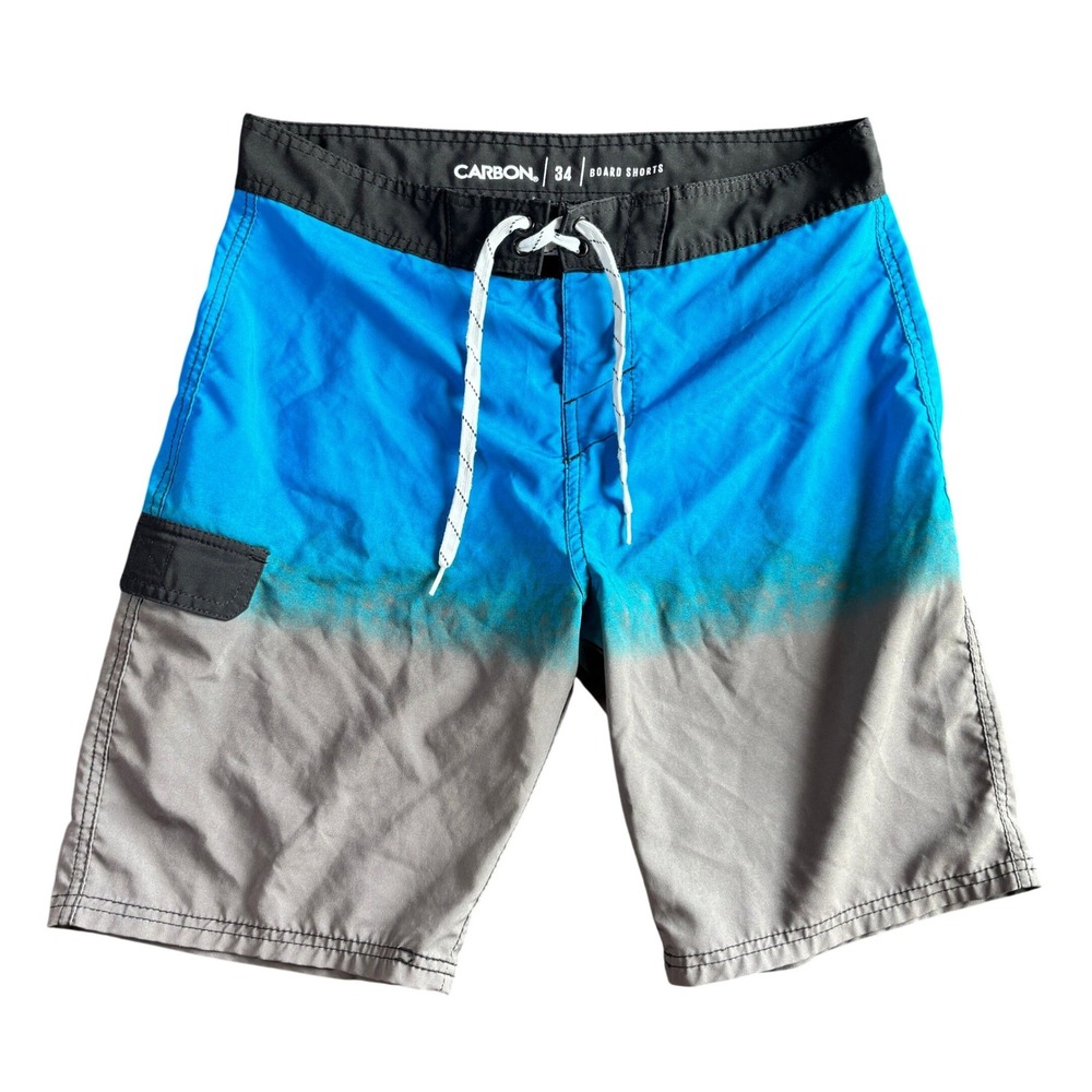 Carbon Mens Blue Gray Ombre Board Shorts Size‎ 34 Swim Trunks Cargo Pocket